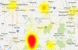 Map Showing Centurylink DSL Network Down Event.  Red is bad, nothing is good, yellow is partial down.