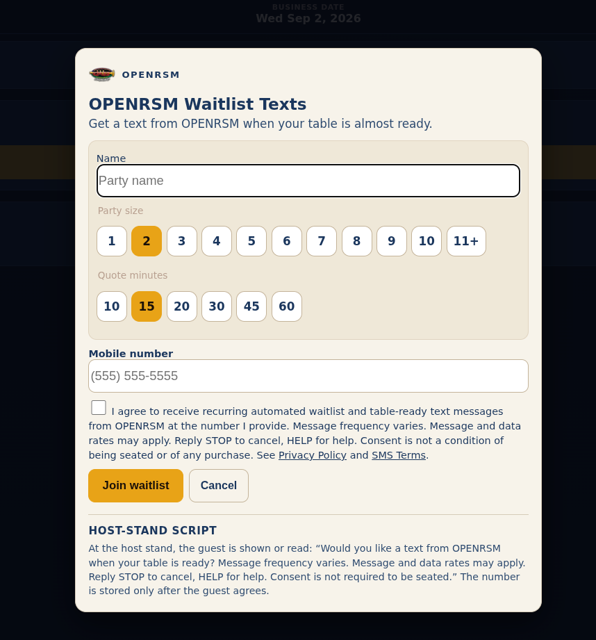 OPENRSM host-stand waitlist SMS opt-in with phone field and unchecked consent checkbox